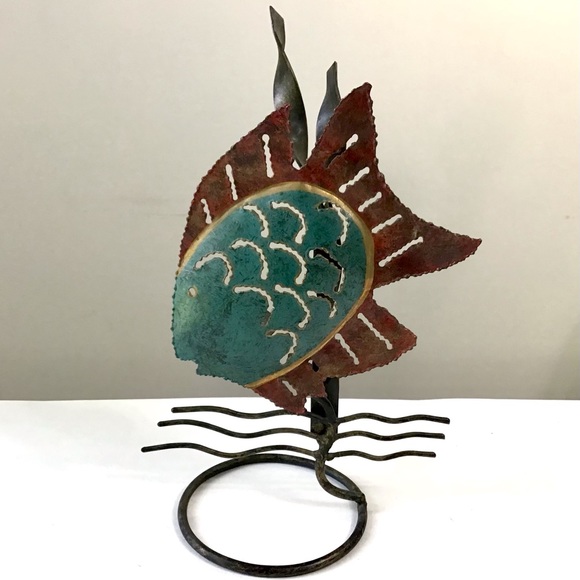 Fish Shaped Candle Holder Metal Art Sculpture Nautical Lake Cabin Coastal - Picture 1 of 7